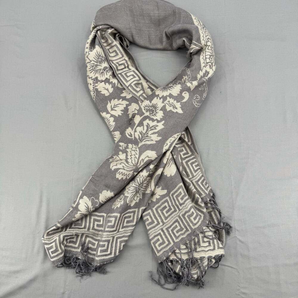 Isa & Stef Grey & Cream Paisley and Floral Jacquard Scarf with Greek Key Border